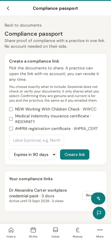 The real Sessional compliance passport on a phone with a shareable workplace link, AHPRA, indemnity and expiry tracking