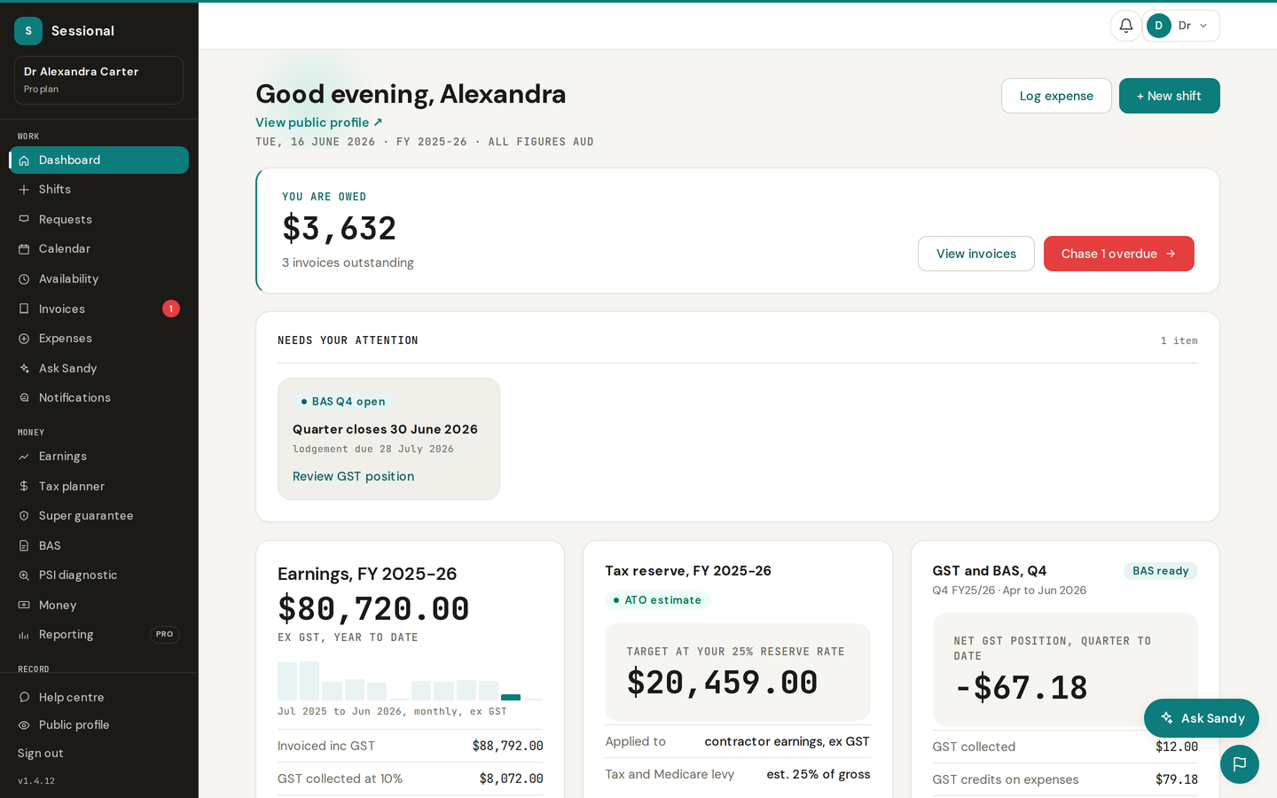 The Sessional dashboard showing amount owed, paid this month, sessions ahead and the tax and BAS reserve, in AUD